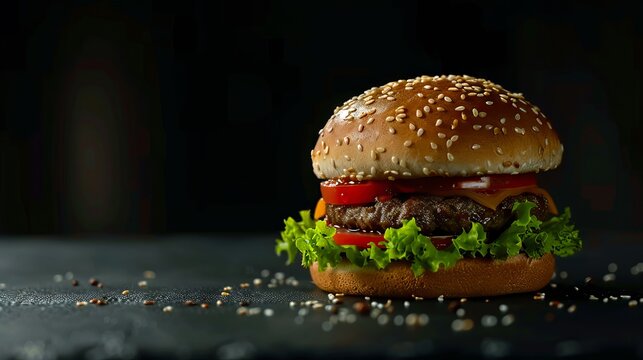 A hamburger with lettuce and tomato on a black background.