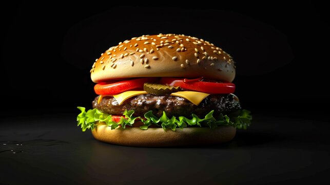 A hamburger is shown on a black background.