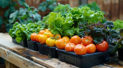 Tomatoes and lettuce in trays on a wooden table.