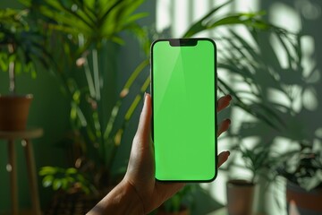 A woman holding a green screen phone in front of a plant.