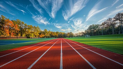 Wide angle of a multi-sport complex featuring a striking red running track and adjacent soccer...