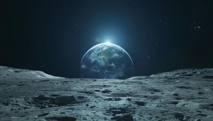 A mesmerizing view of Earth as seen from the moon surface stretches across the futuristic space banner