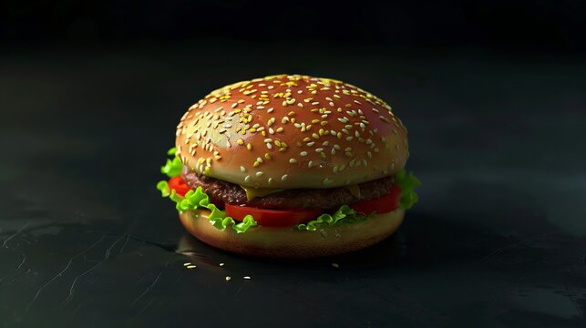 A small hamburger is sitting on a black surface.