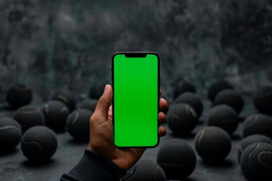 A person holding an iphone with a green screen.