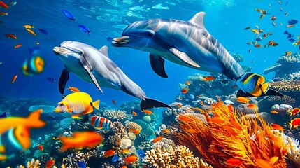 Dolphins swimming in the ocean with colorful corals.