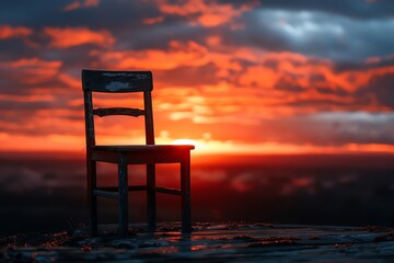 A solitary wooden chair set against a dramatic sunset sky, silhouette emphasizing the calm