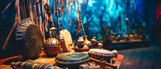 A popup museum features an interactive display of ancient musical instruments that visitors can play digitally, colorful strange bizarre sharpen blur background with copy space