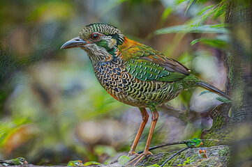 a colorful bird, beautiful wild birds, a bird is standing on a branch with leaves and a blurry background.