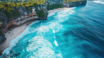 White sand and azure sea. Luxurious tropical landscape. Beautiful exotic beach background for design.