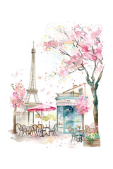 A painting of a Parisian street with a pink tree and a pink umbrella. The scene is set in a cafe with a pink building and pink chairs. The painting has a romantic and dreamy mood