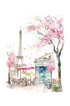 A painting of a Parisian street with a pink tree and a pink umbrella. The scene is set in a cafe with a pink building and pink chairs. The painting has a romantic and dreamy mood