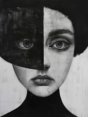 A painting of a woman with black and white face.