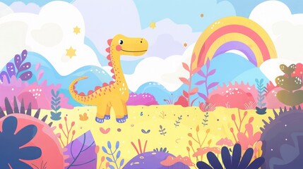 Obraz premium cartoon dinosaur on a rainbow background.