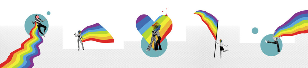 Banner image collage picture of lgbt community people parade quality right freedom isolated on...