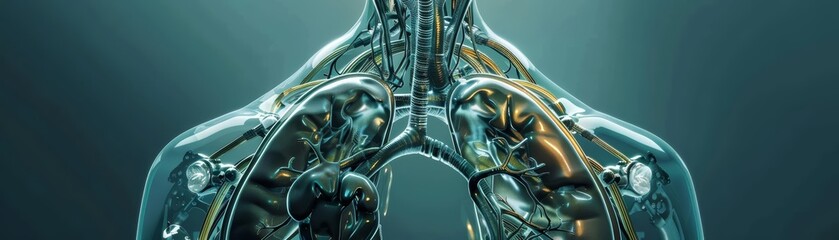An illustration of a cybernetic lung made from metal plates showcases innovation in medical implants, Sharpen banner template with copy space on center