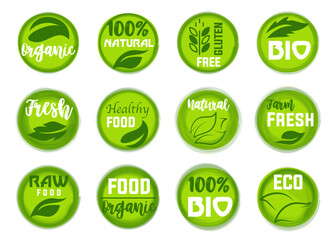Green stamp labels for organic, natural, fresh, healthy food. Green vegan stickers. Organic product badges