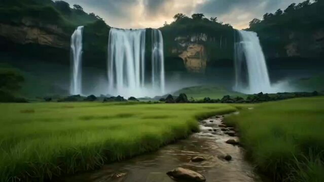 falling waterfall in the rock hills with green savana motion video