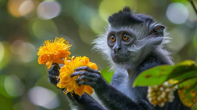 silver leaf monkey reaching for yellow flower trachypithecus cristatus colorful highresolution wildlife photography