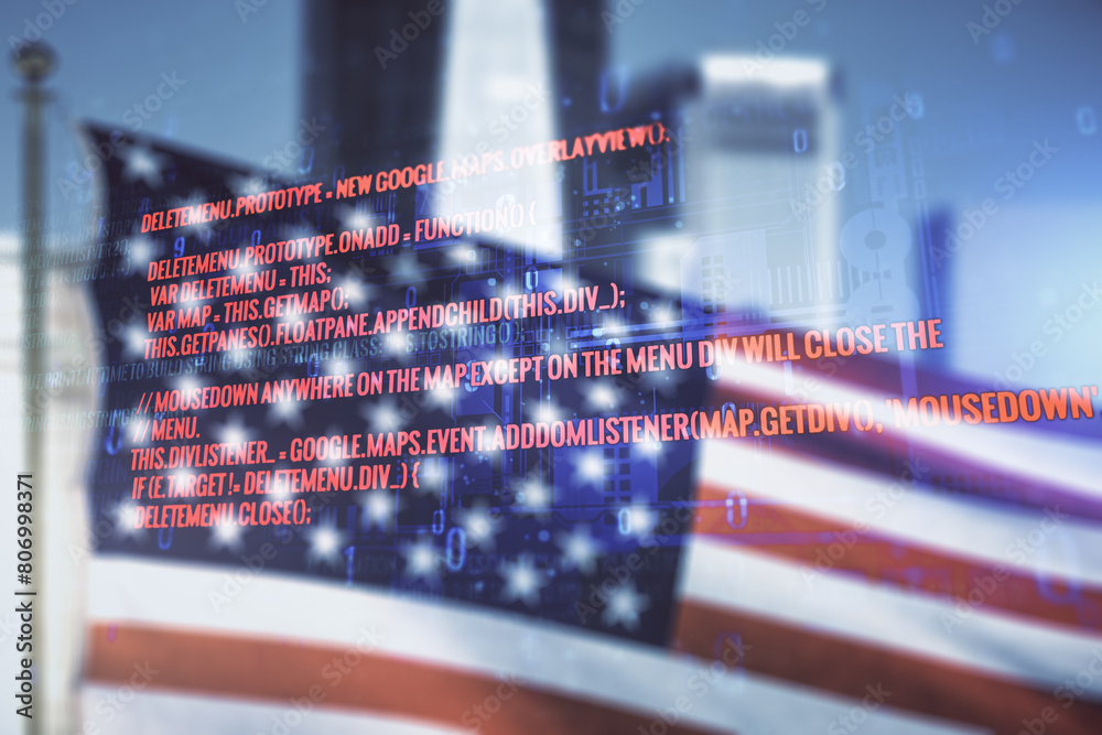 Poster multi exposure of abstract programming language hologram on us flag and city background, artificial 