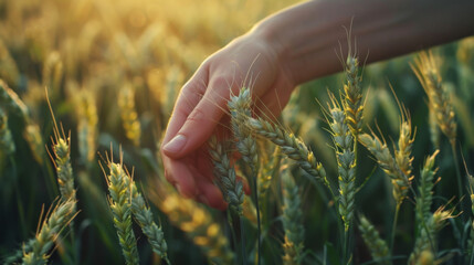 farmer hand touching green wheat ears in field, close up shot, copy space concept for healthy food and agriculture business  - Powered by Adobe