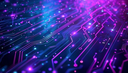 Blue and purple technology background circuits intertwine, illustrating the seamless fusion of advanced engineering and artistic design, Sharpen with copy space