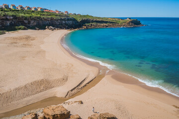 Aerial view of São Lourenço beach with the Safarujo River flowing into the Atlantic Ocean and Santa Susana Fort in the background, Ericeira PORTUGAL