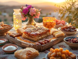 Traditional Middle Eastern Sweets and Pastries Outdoor Dining at Sunset. Eid Al-Adha Mood.
