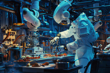 Imagine a traditional oil painting depicting a culinary laboratory where robots and chefs collaborate Showcase the contrast between advanced technology and culinary artistry throug