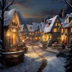 Digital painting of a winter village at night with christmas lights.
