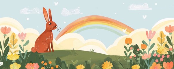 cartoon rabbit on a rainbow background.