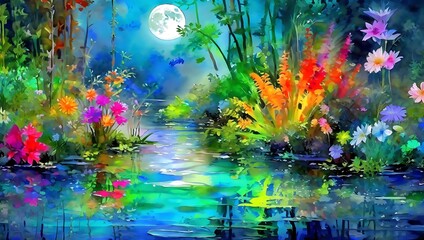 カラフルな花と水面に映る月明かり