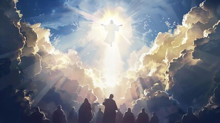 the ascension of jesus christ to heaven after his resurrection digital illustration - obrazy, fototapety, plakaty
