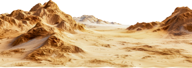 Desert landscape with rugged mountains and rolling sand dunes cut out on transparent background