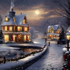 Winter night in the village. Winter landscape with houses and trees.