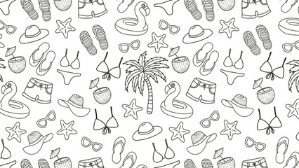 Seamless pattern with hand drawn beach items. Vector illustration.