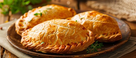 Discover the robust flavors of an Argentinian empanada, freshly baked and filled with beef, with a solid background and copy space on center for advertise - obrazy, fototapety, plakaty