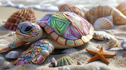 A 3D image of a cute baby sea turtle on a sandy beach, decorated with colorful seashells and starfish