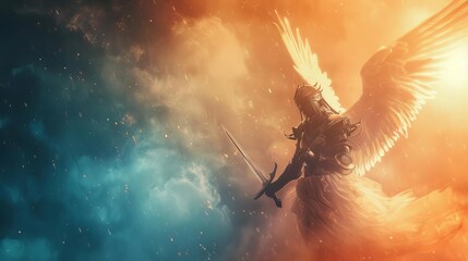 warrior angel with wings and sword in heaven spiritual battle between good and evil religious concept art