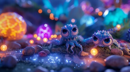 A 3D-rendered fantasy mini island, with a beach decorated with glowing pebbles and small, magical creatures
