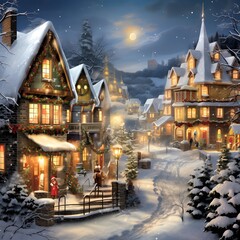 Winter village at night. Christmas and New Year concept. Illustration.