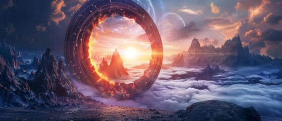 Fantastic landscape with stargate opens a portal to unexplored worlds, Sharpen banner template with copy space on center