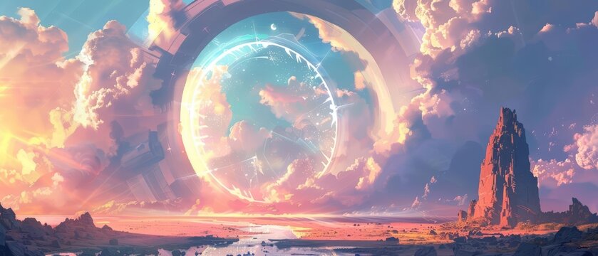 Fantastic landscape with stargate opens a portal to unexplored worlds, Sharpen banner template with copy space on center