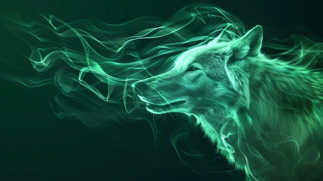 Dark green gradient with a wolf made of light green waves, exuding a mystical energy in a simple style