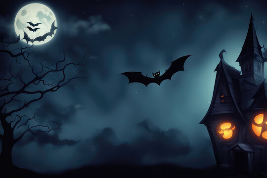 halloween night decorative with bat and moon background. seamless looping time-lapse virtual video animation background.
