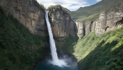 A cascading waterfall surrounded by towering cliff upscaled 3