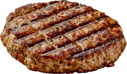 Grilled pork patty with char marks cut out on transparent background