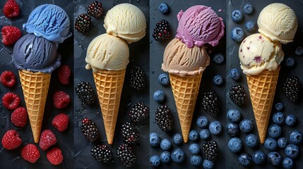   Three cones of ice cream topped with raspberries, blueberries, and raspberries on a black...