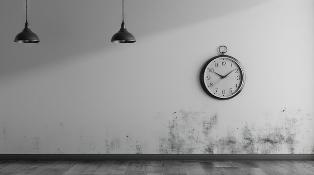 A blank, monochrome wall with just a single, unadorned clock hanging