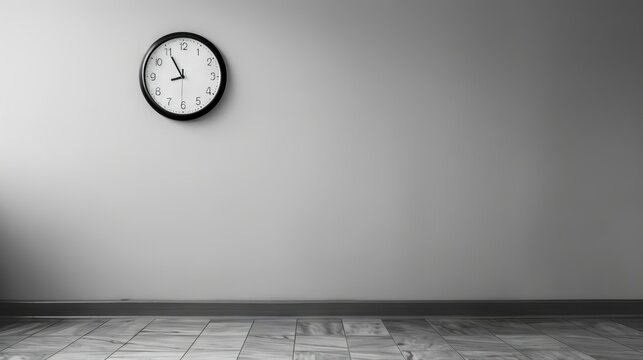 A blank, monochrome wall with just a single, unadorned clock hanging