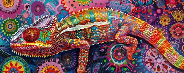 A brilliantly colored chameleon blending seamlessly into a psychedelic, patterned background